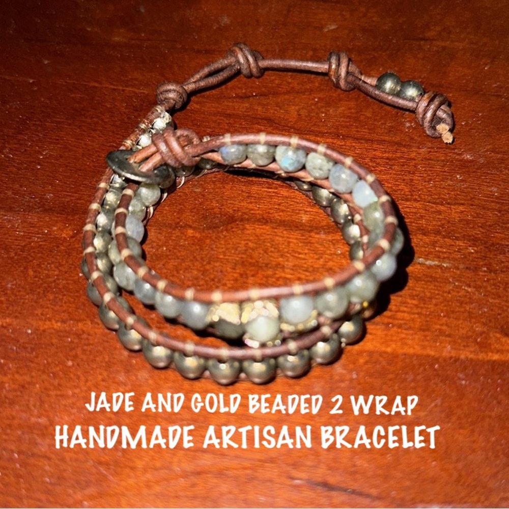 Handmade NATURAL JADE 2 WRAP Artisan Bracelet NWT ADJUSTABLE TO FIT MOST